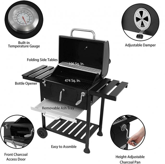 Black Charcoal Grill BBQ Trolley Wheels Two Arm Garden Smoker Shelf Side Steel