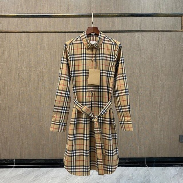 2022 NWT Women's Burberry Taupe Brown Check Belted Shirt Dress Size:S/M/L/XL