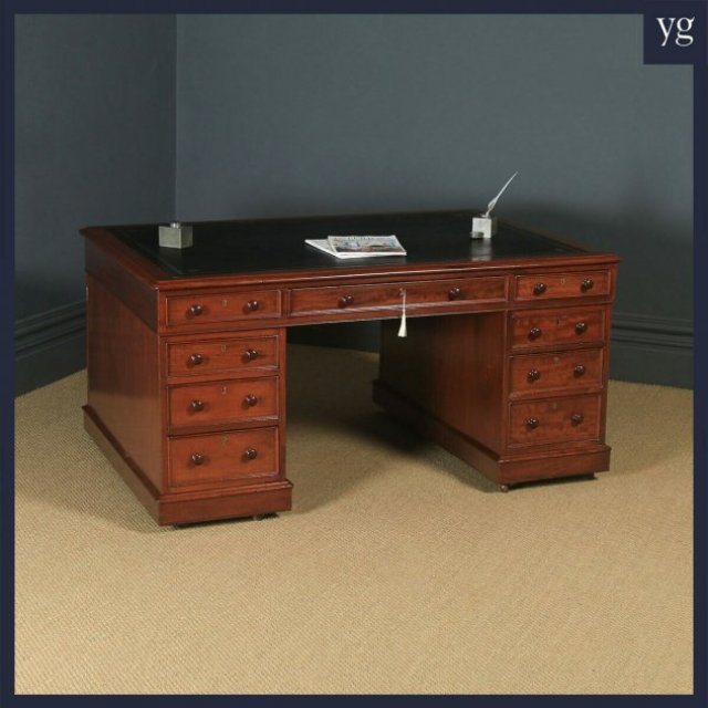 Antique English Victorian Mahogany & Leather 5ft Partner’s Pedestal Office Desk