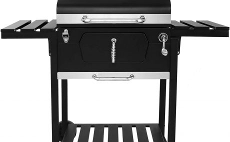 Black Charcoal Grill BBQ Trolley Wheels Two Arm Garden Smoker Shelf Side Steel